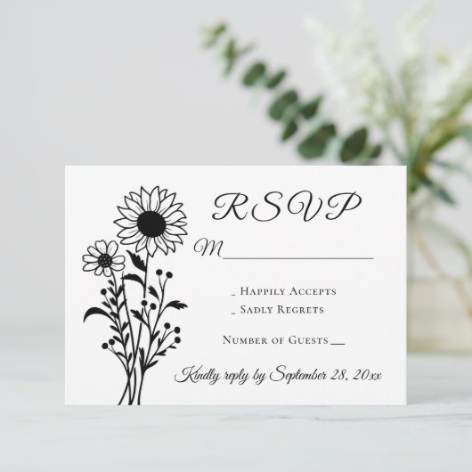 Rustieke Bloemen Zonnebloem RSVP Zwart Wit Huwelij (Staand voorkant)