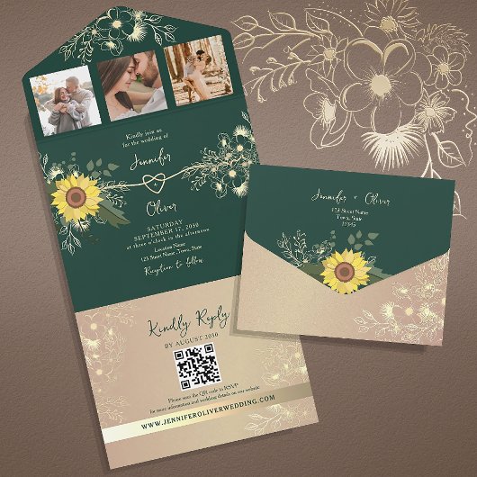 Rustieke Bloemen Zonnebloem Smaragdgroene bruiloft All In One Uitnodiging