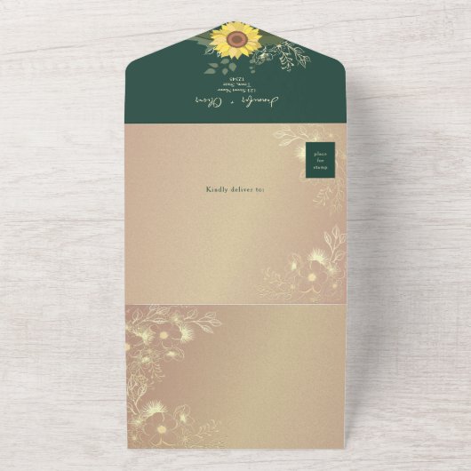 Rustieke Bloemen Zonnebloem Smaragdgroene bruiloft All In One Uitnodiging (Buitenkant)