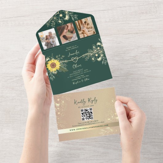 Rustieke Bloemen Zonnebloem Smaragdgroene bruiloft All In One Uitnodiging (Afscheurbaar)