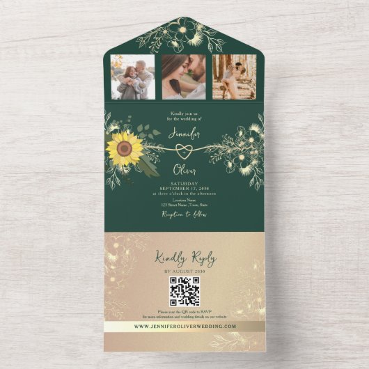 Rustieke Bloemen Zonnebloem Smaragdgroene bruiloft All In One Uitnodiging (Binnen)