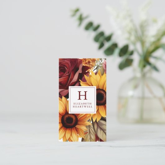 Rustieke Bloemen Zonnebloemen Bourgogne Monogram Visitekaartje (Staand voorkant)