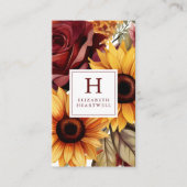 Rustieke Bloemen Zonnebloemen Bourgogne Monogram Visitekaartje (Voorkant)