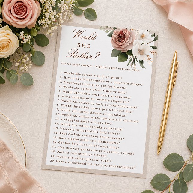 Rustieke Bloemen Zou Ze Liever Bruidsdouche Spel (Bridal Shower Game Card)