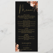 Rustieke Bloemen Zwart en Goud Trouwdiner Menu (Voorkant)