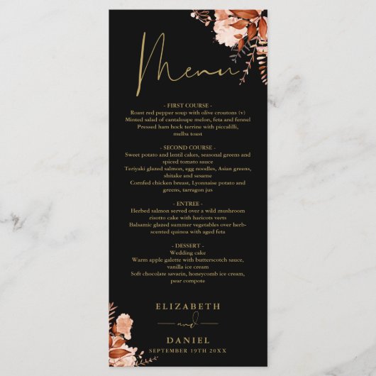 Rustieke Bloemen Zwart en Goud Trouwdiner Menu (Voorkant)