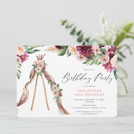 Rustieke bloemenboho bohemian tipi verjaardagsfees kaart (Staand voorkant)