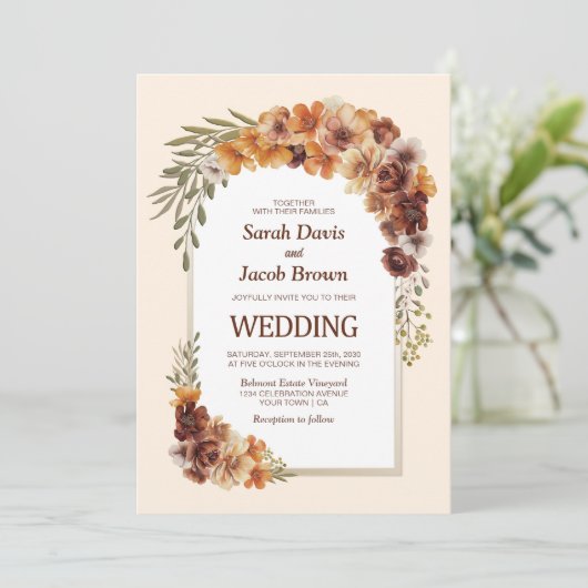 Rustieke bloemenboog bruiloft kaart (Staand voorkant)