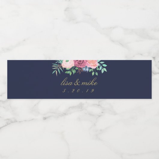 Rustieke bloemenbruiloft marine waterfles etiket (Enkel label)