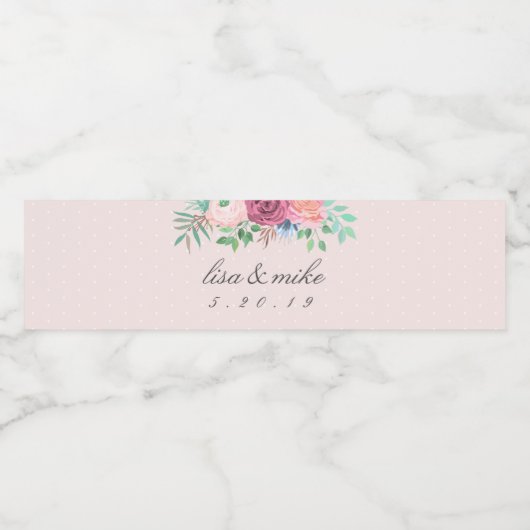 Rustieke bloemenbruiloft roze waterfles etiket (Enkel label)