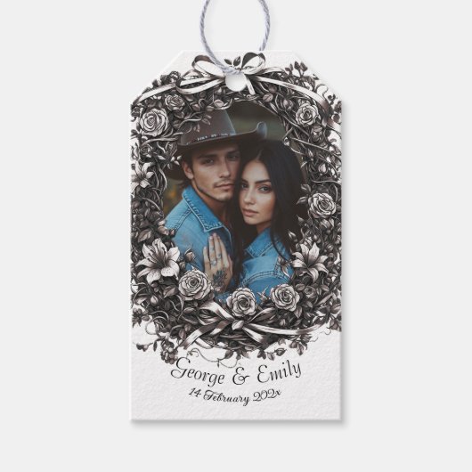 Rustieke bloemenbruiloft, sepia. cadeaulabel (Voorkant)