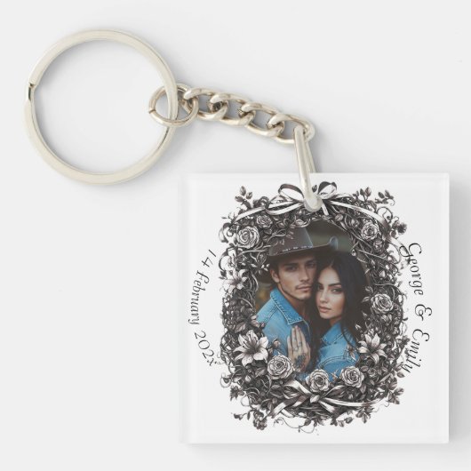 Rustieke bloemenbruiloft, sepia. sleutelhanger (voorkant)