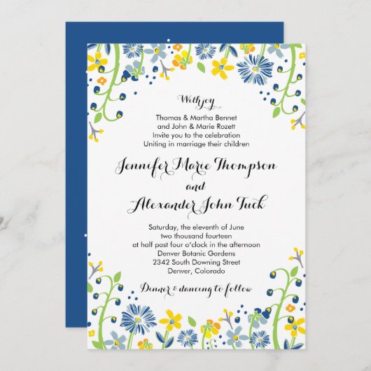 Rustieke bloemenbruiloft uitnodiging marine geel (Voorkant / Achterkant)
