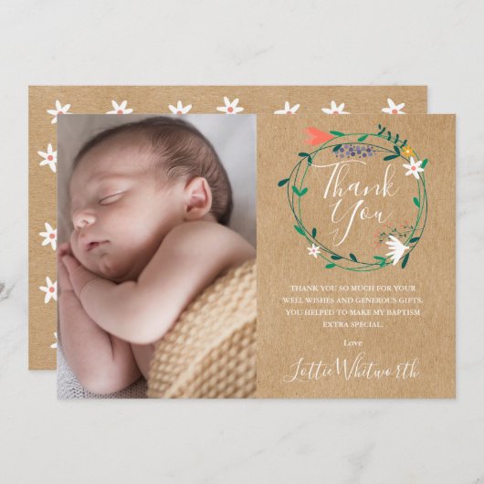 Rustieke bloemendoop, doopfeest foto bedankkaart (Voorkant / Achterkant)