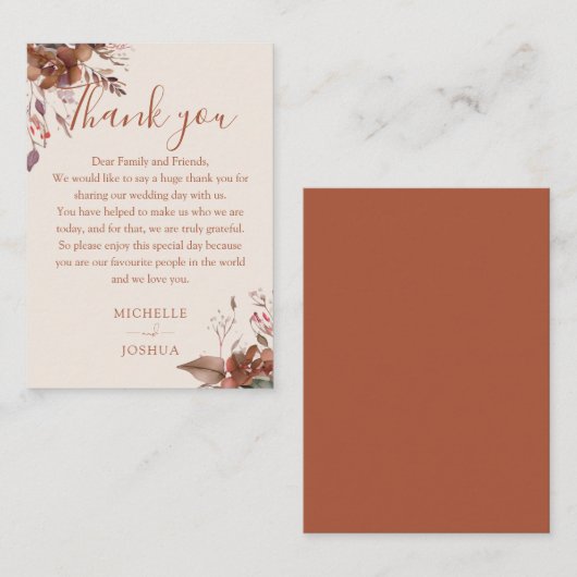 Rustieke bloemenherfst herfst bruiloft dank u plaatskaartje (Voorkant / Achterkant)