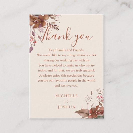 Rustieke bloemenherfst herfst bruiloft dank u plaatskaartje (Voorkant)