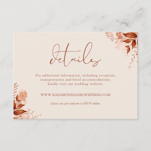 Rustieke bloemenherfst herfst bruiloft details informatiekaartje (Voorkant)