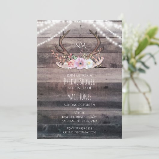 Rustieke Bloemenherten Antlers & String Lights Kaart (Staand voorkant)