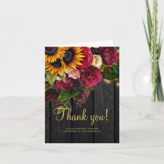 Rustieke bloemenhouten bruiloft dank u bedankkaart (Voorkant)