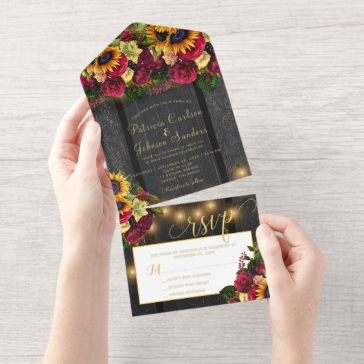 Rustieke bloemenhouten bruiloft RSVP All In One Uitnodiging (Uittrekbaar)