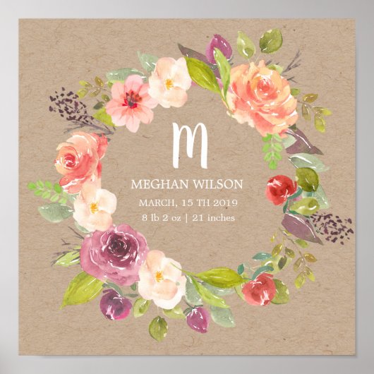 Rustieke bloemenkraft Persoonlijke Geboorte Poster (Voorkant)