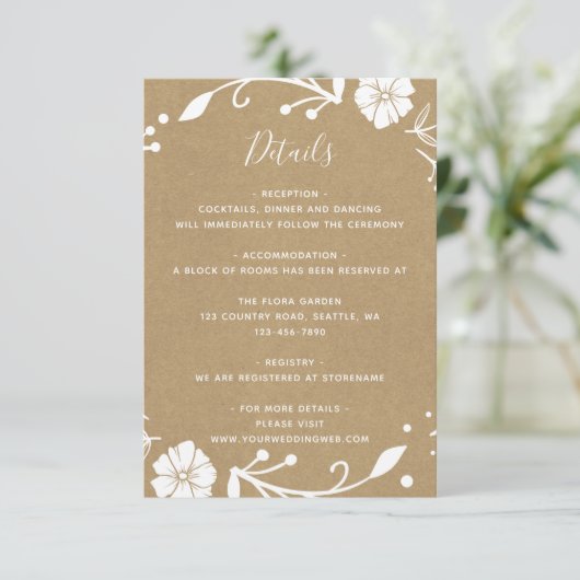 Rustieke bloemenkrans Faux Kraft bruiloft details Informatiekaartje (Staand voorkant)