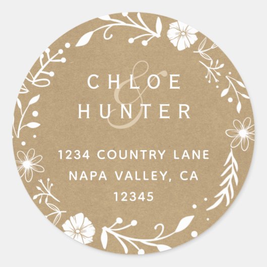 Rustieke bloemenkrans Faux Kraft retouradres Ronde Sticker (Voorkant)