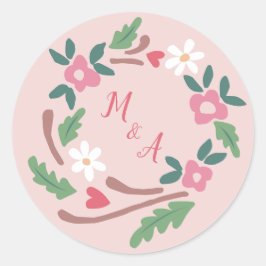 Rustieke bloemenkrans met monogram ronde sticker