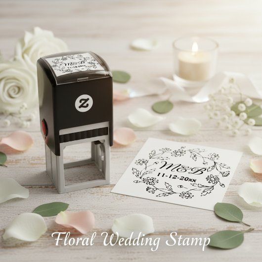 Rustieke Bloemenkrans met Monogrammen & Trouwdatum Zelfinktende Stempel