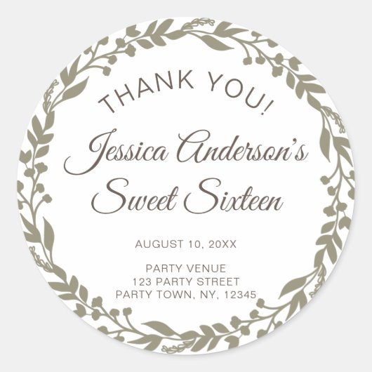 Rustieke bloemenkrans zoet zestien dank u ronde sticker (Voorkant)