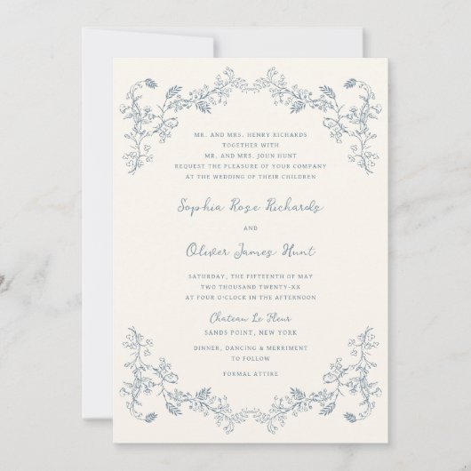 Rustieke  Bloemenlijn Art Bruiloft Kaart (Voorkant)