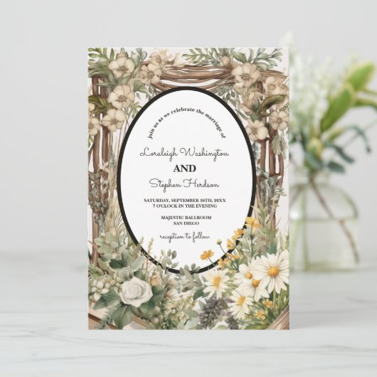 Rustieke bloemenluifel bruiloft kaart (Staand voorkant)