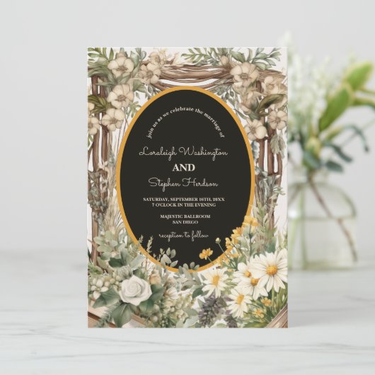 Rustieke bloemenluifel bruiloft kaart (Staand voorkant)