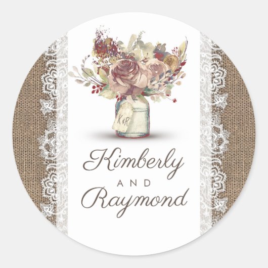 Rustieke  bloemenmason Jar | Burlap bruiloft Ronde Sticker (Voorkant)