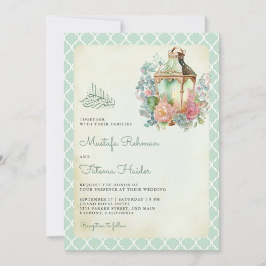Rustieke bloemenmunt groene lantaarn moslim bruilo kaart (Voorkant)
