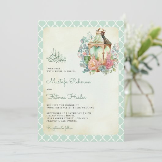 Rustieke bloemenmunt groene lantaarn moslim bruilo kaart (Staand voorkant)
