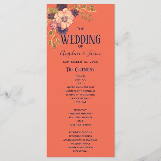 Rustieke Bloemenperzik en Navy Blue Wedding Programmakaart (Voorkant)