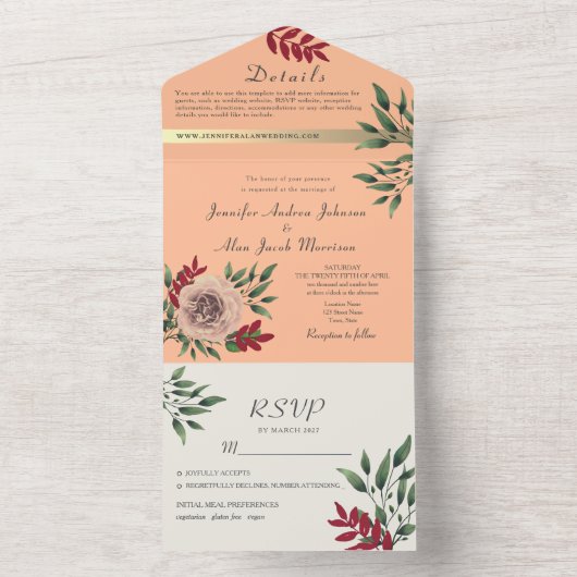 Rustieke bloemenperzik Fuzz bruiloft All In One Uitnodiging (Binnen)