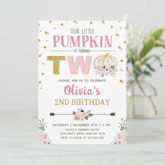 Rustieke bloemenpompoen 2e verjaardagsfeest kaart (Staand voorkant)