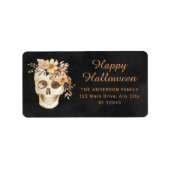 Rustieke Bloemenschedel Halloween Etiket (Voorkant)