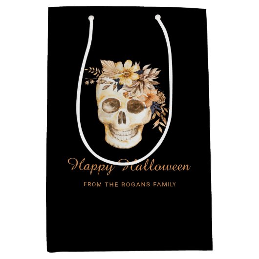 Rustieke Bloemenschedel Halloween Medium Cadeauzakje (Voorkant)