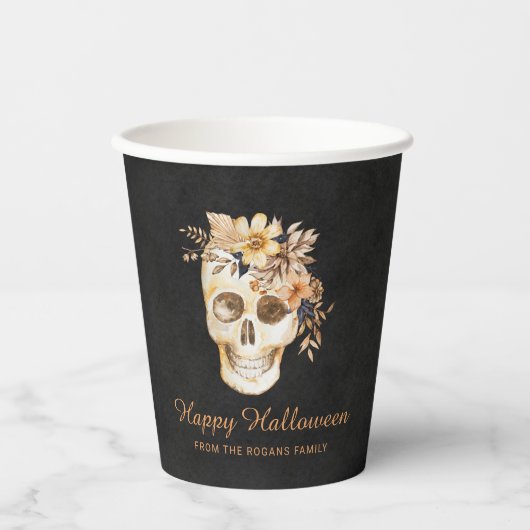 Rustieke Bloemenschedel Halloween Papieren Bekers (Voorkant)