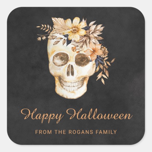 Rustieke Bloemenschedel Halloween Vierkante Sticker (Voorkant)
