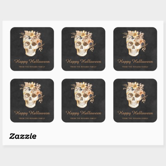 Rustieke Bloemenschedel Halloween Vierkante Sticker (Vel)