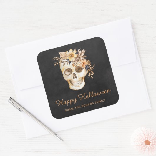 Rustieke Bloemenschedel Halloween Vierkante Sticker (Envelop)