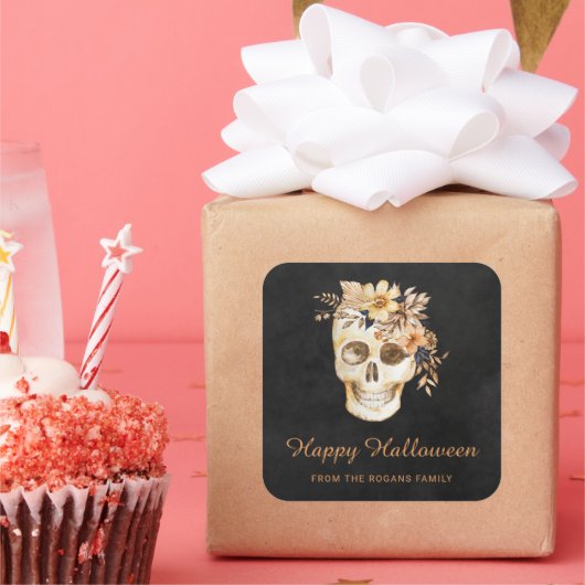 Rustieke Bloemenschedel Halloween Vierkante Sticker (Feest)