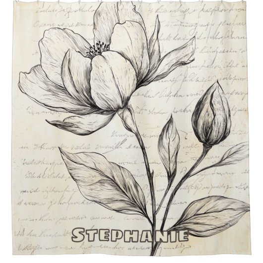 Rustieke Bloemenschets met Kalligrafie - Leeftijd Douchegordijn (Voorkant)