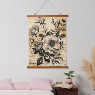 Rustieke Bloemenschets met Kalligrafie - Leeftijd Hangend Wandkleed
