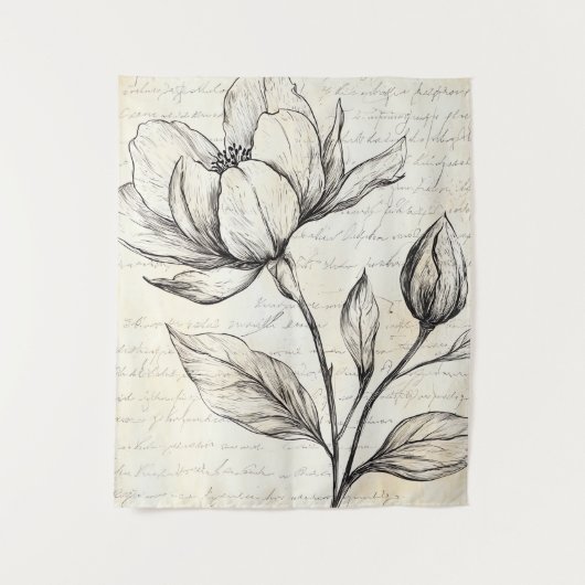 Rustieke Bloemenschets met Kalligrafie - Leeftijd Wandkleed (Voorkant)