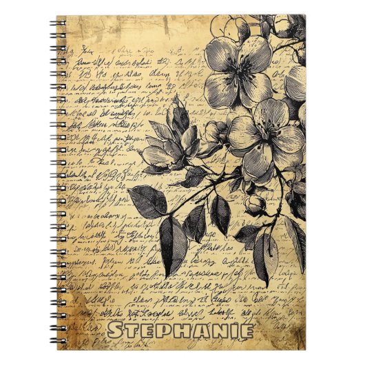 Rustieke bloemenschets met kalligrafie - Verouderd Notitieboek (Voorkant)